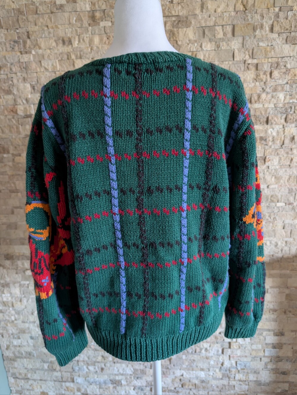 Vintage Holiday Plaid Knit Graphic Green Sweater Ramie Cotton Eclectic Sz M image 3